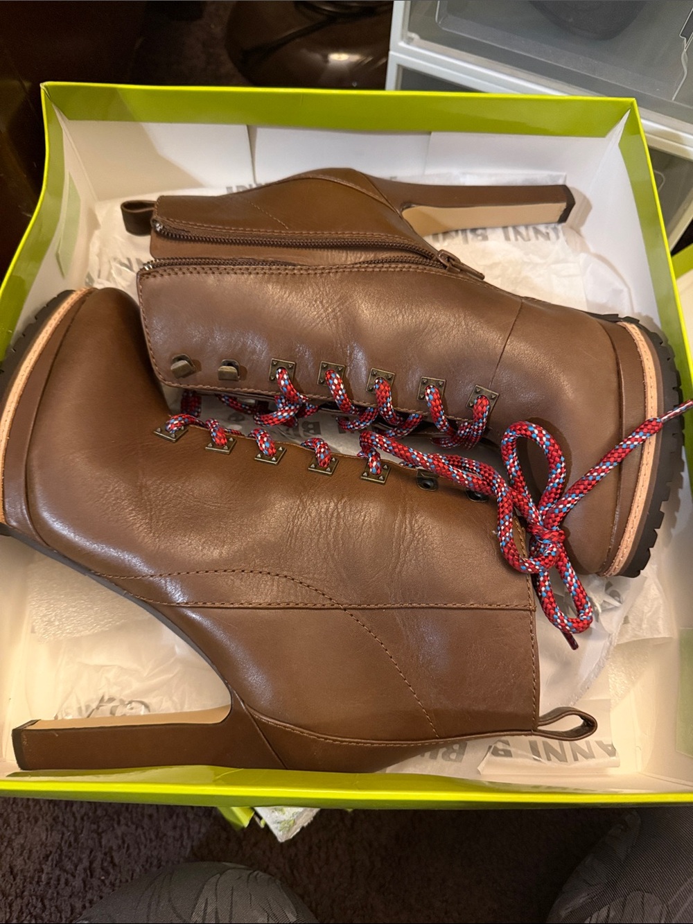 Gianni Bini Brown Lace-Up High Heel Ankle Boots with Red-Blue Laces